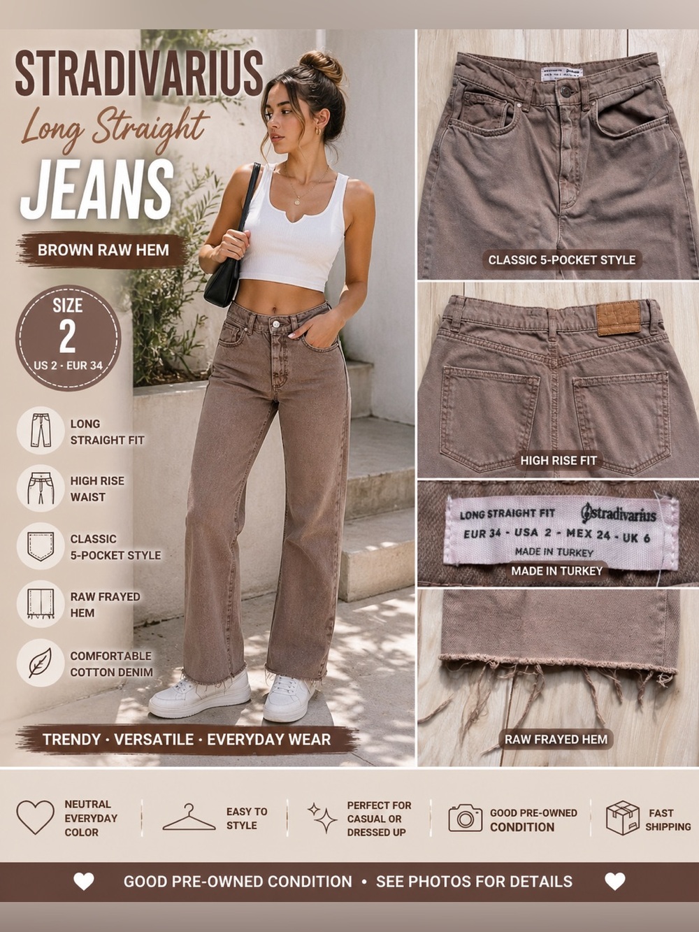 Long Straight Jeans Brown Raw Hem High Rise Women’s Size 2